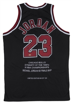 Michael Jordan Signed Chicago Bulls Career Highlights Embroidered Black Jersey- 65/123 (UDA)